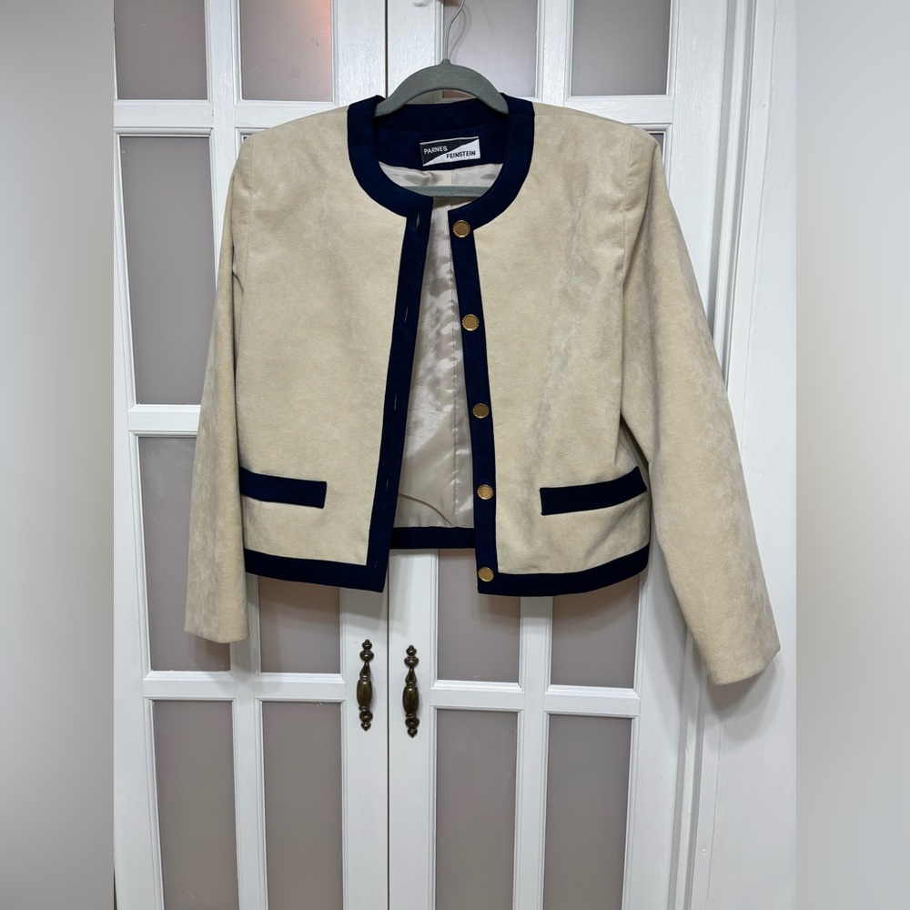 Vintage Parnes Feinstein Cream Suede Jacket Navy Trim Gold Buttons M